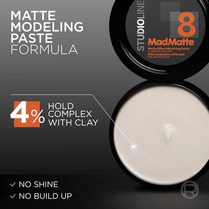 Product packaging and texture showcase with text indicating "MATTE MODELING PASTE FORMULA", "4% HOLD COMPLEX WITH CLAY", "NO SHINE", and "NO BUILD UP".