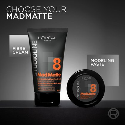 Studio Line collection display showing the "CHOOSE YOUR MADMATTE" range, featuring both a fiber cream and a modeling paste.