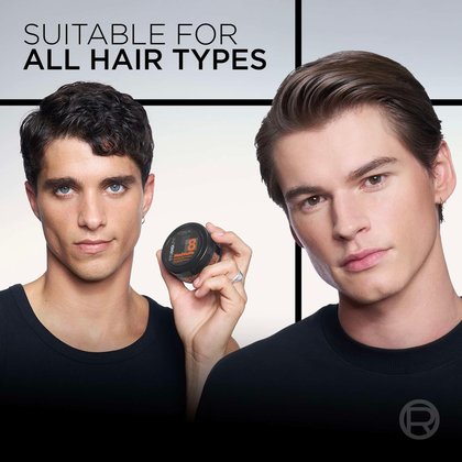 Two male models posing with the Studio Line product, with text stating "SUITABLE FOR ALL HAIR TYPES".
