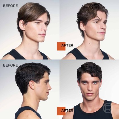 Before-and-after photos of two male models demonstrating the styling results of L'Oréal Paris Studio Line products, showing improved texture, hold, and a matte finish.