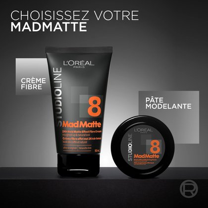 Présentation de la gamme Studio Line montrant la gamme « CHOISISSEZ VOTRE MADMATTE », incluant à la fois une crème fibre et une pâte modelante.