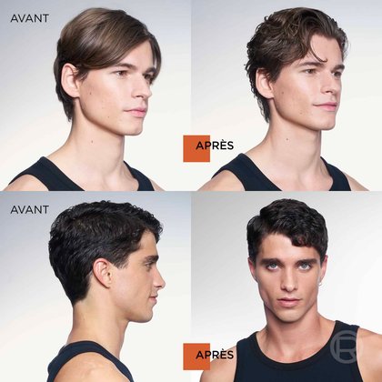 Photos avant/après de deux modèles masculins démontrant les résultats coiffants des produits Studio Line de L'Oréal Paris, avec les mentions « AVANT » et « APRÈS ».