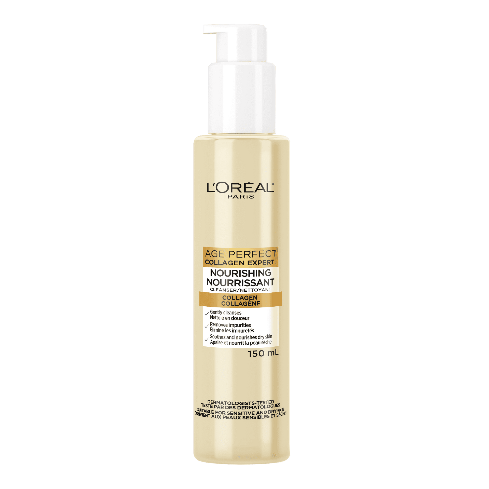 L'Oréal Paris Age Perfect Collagen Expert Nourishing Cleanser, 150 mL. The product is a light golden liquid in a clear bottle with a white pump dispenser. The label highlights its collagen content and benefits such as gently cleansing, removing impurities, and soothing and nourishing dry skin. It is dermatologists-tested and suitable for sensitive and dry skin.