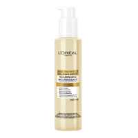 L'Oréal Paris Age Perfect Collagen Expert Nourishing Cleanser, 150 mL. The product is a light golden liquid in a clear bottle with a white pump dispenser. The label highlights its collagen content and benefits such as gently cleansing, removing impurities, and soothing and nourishing dry skin. It is dermatologists-tested and suitable for sensitive and dry skin.