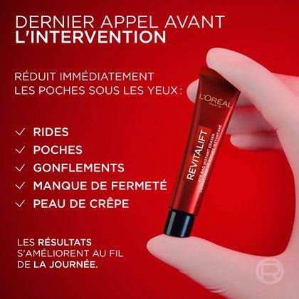 Une main, probablement gantée, tient le tube L'Oréal Revitalift Correcteur de Poches Instantané. Le texte indique : "LAST CALL BEFORE PROCEDURE", "RÉDUIT IMMÉDIATEMENT LE DESSOUS DE L'ŒIL :" suivi d'une liste avec des coches pour "RIDES", "POCHES", "GONFLEMENT", "MANQUE DE FERMETÉ" et "PEAU CRÊPUE". En dessous, "LES RÉSULTATS S'AMÉLIORENT TOUT AU LONG DE LA JOURNÉE". L'arrière-plan est d'un rouge profond.