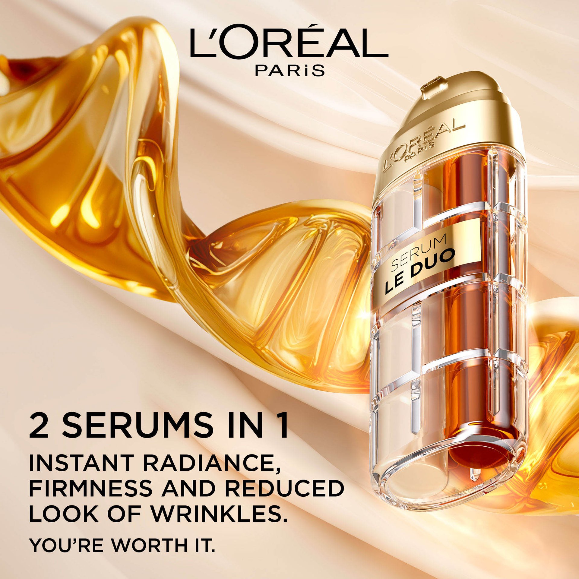 A woman with radiant skin gently touching her face, illustrating the product's benefits. Overlaying text describes product usage: "Suitable for all skin types," "How to use: 1st application: Press the centre of the pump for even distribution of the 2 formulas. Daily usage: Apply morning and night after cleansing."