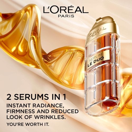 A woman with radiant skin gently touching her face, illustrating the product's benefits. Overlaying text describes product usage: "Suitable for all skin types," "How to use: 1st application: Press the centre of the pump for even distribution of the 2 formulas. Daily usage: Apply morning and night after cleansing."