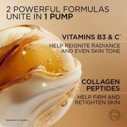 A close-up of flowing golden and white liquid, representing the two powerful formulas of the serum. Text explains: "2 powerful formulas unite in 1 pump," "Vitamins B3 & C* help reignite radiance and even skin tone," and "Collagen Peptides help firm and retighten skin. Derivative of Vitamin C."