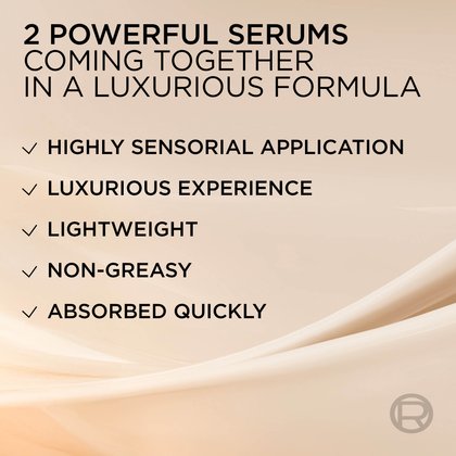 Abstract image with flowing, smooth beige and white textures, representing the luxurious feel and properties of the serum. Text describes its qualities: "2 powerful serums coming together in a luxurious formula," "Highly sensorial application," "Luxurious experience," "Lightweight," "Non-greasy," and "Absorbed quickly."