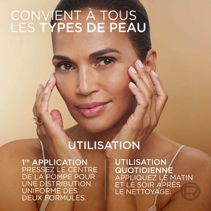 Une femme à la peau éclatante touchant délicatement son visage, illustrant les bienfaits du produit. Le texte superposé décrit l'utilisation du produit : "Convient à tous les types de peau", "Comment utiliser : 1ère application : Appuyez au centre de la pompe pour une distribution uniforme des 2 formules. Utilisation quotidienne : Appliquez matin et soir après le nettoyage."