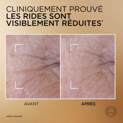 Deux images agrandies côte à côte de la texture de la peau, démontrant l'efficacité du produit. L'image intitulée "AVANT" montre des rides proéminentes, tandis que l'image "APRÈS" montre des rides visiblement réduites. Le texte indique : "Cliniquement prouvé : les rides sont visiblement réduites (*après 8 semaines)."