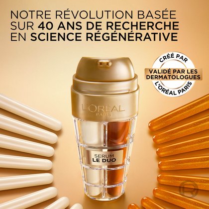 La bouteille L'Oréal Paris Age Perfect Sérum Le Duo entourée de formes de capsules dorées et blanches d'apparence scientifique. Le texte souligne l'engagement de la marque : "Notre révolution basée sur 40 ans de recherche en science régénérative", "Créé par", et "Validé avec des dermatologues".