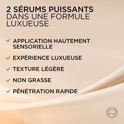 Image abstraite avec des textures fluides et lisses beige et blanches, représentant la sensation luxueuse et les propriétés du sérum. Le texte décrit ses qualités : "2 sérums puissants réunis dans une formule luxueuse", "Application hautement sensorielle", "Expérience luxueuse", "Léger", "Non-gras", et "Absorbé rapidement".