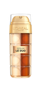  L'Oréal Paris Age Perfect Serum Le Duo bottle, featuring two chambers of golden liquid, suggesting a dual-formula serum. Text reads "2 Serums in 1," "Instant radiance, firmness and reduced look of wrinkles," and "You're worth it." The bottle is set against a background of flowing golden liquid, emphasizing its rich texture.