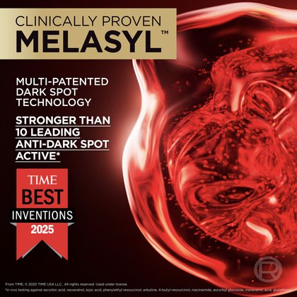 A close-up of the red gel texture with text highlighting "Clinically Proven Melasyl" technology. It includes the "TIME Best Inventions 2025" award ribbon.