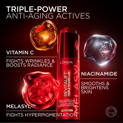 Graphic showing three active ingredients: Vitamin C to fight wrinkles, Niacinamide to smooth skin, and Melasyl to fight hyperpigmentation.
