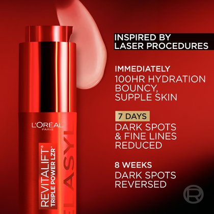 Close-up of the red serum bottle with a results timeline: Immediate 100hr hydration, 7 days for reduced spots and lines, and 8 weeks for dark spot reversal.