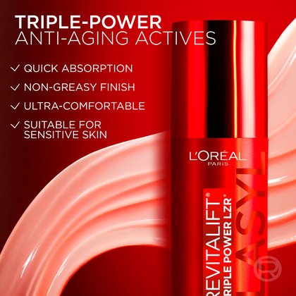 A creamy pink swatch of the serum against a red background. Bullet points highlight quick absorption, non-greasy finish, and suitability for sensitive skin.