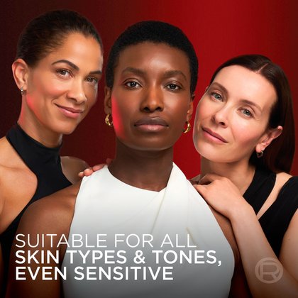 Three women with different skin tones (light, medium, deep) smiling together. Text reads: "Suitable for all skin types and tones, even sensitive."