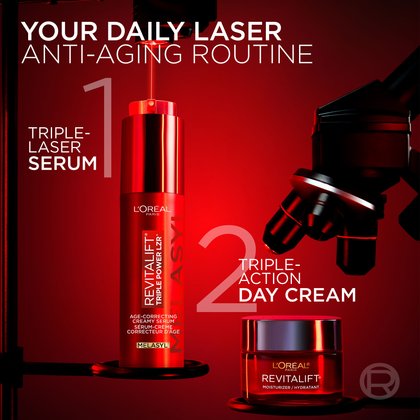 A laboratory-inspired graphic showing Step 1: Triple-Laser Serum (Melasyl) followed by Step 2: Triple-Action Day Cream.