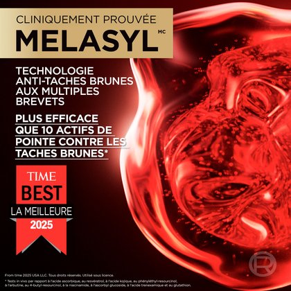 Un gros plan de la texture gel rouge avec un texte soulignant la technologie « Melasyl éprouvée en clinique ». Comprend le ruban du prix « TIME Best Inventions 2025 ».