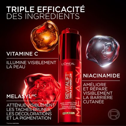 Graphique montrant trois ingrédients actifs : la Vitamine C pour combattre les rides, la Niacinamide pour lisser la peau, et le Melasyl pour combattre l’hyperpigmentation.