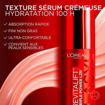 Un échantillon crémeux et rose du sérum sur un fond rouge. Les points saillants soulignent l’absorption rapide, le fini non gras et la compatibilité avec les peaux sensibles.