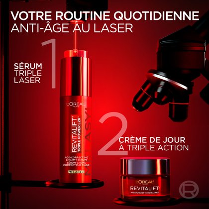 Un graphique inspiré d’un laboratoire montrant l’Étape 1 : le Sérum Triple Laser (Melasyl) suivi de l’Étape 2 : la Crème de jour Triple Action.