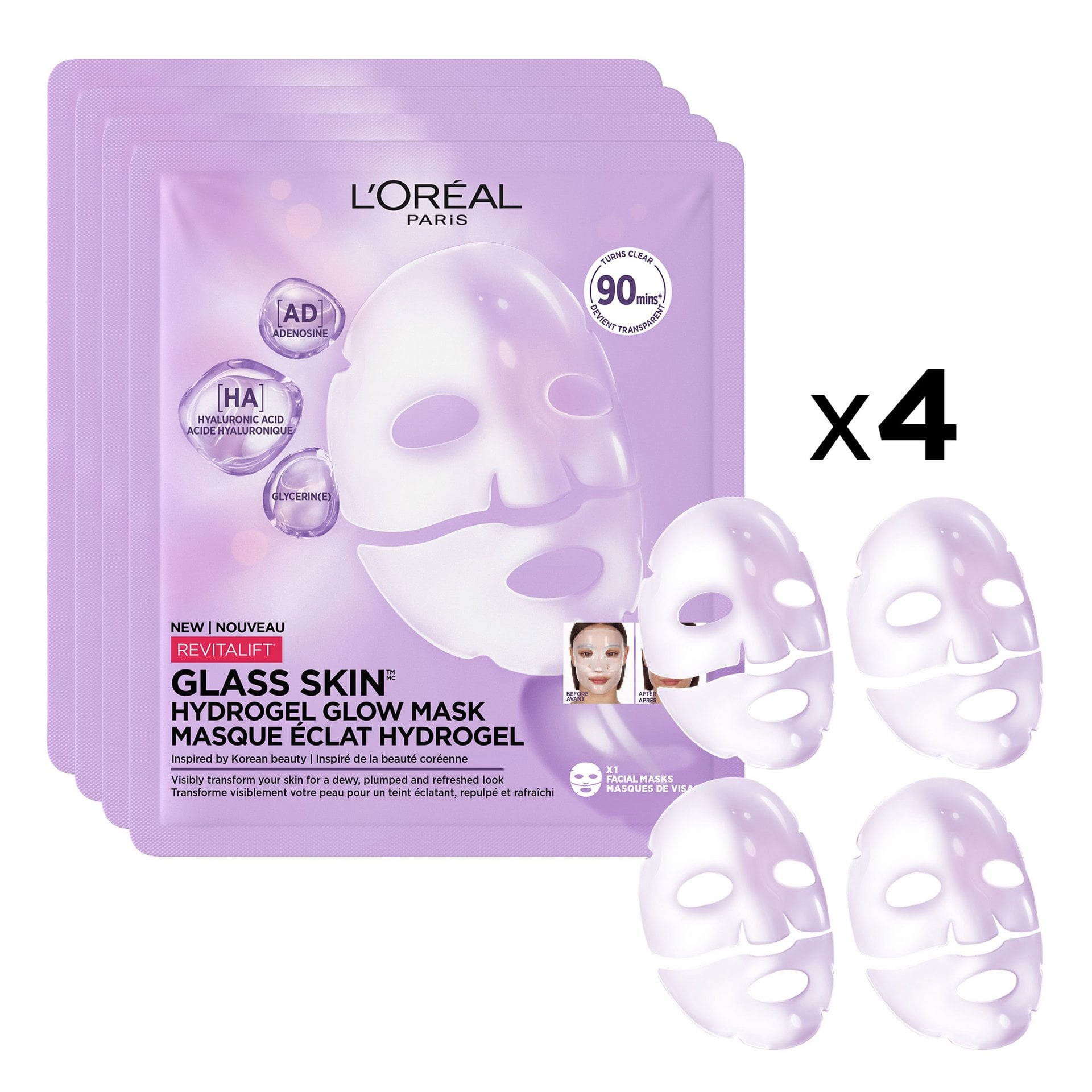 A product packaging packshot showing a stack of purple L'Oréal Paris Revitalift Glass Skin Hydrogel Glow Mask packets alongside four transparent 3D hydrogel face mask sheet graphics labeled "x4".