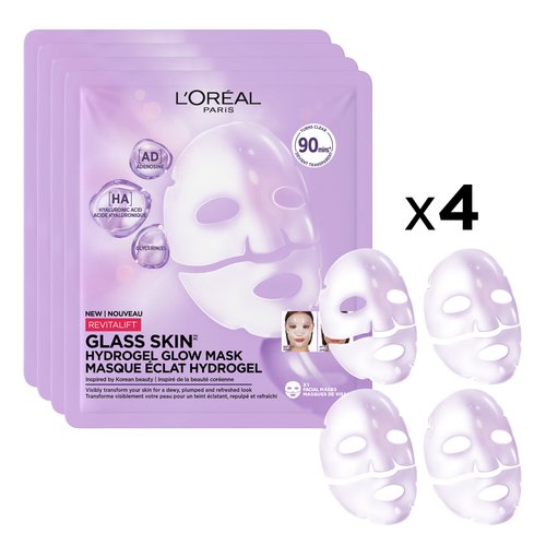 A product packaging packshot showing a stack of purple L'Oréal Paris Revitalift Glass Skin Hydrogel Glow Mask packets alongside four transparent 3D hydrogel face mask sheet graphics labeled "x4".