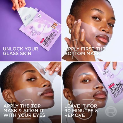 A four-step visual guide on how to apply the mask: step 1 showing unpacking, step 2 applying the bottom half first, step 3 applying the top half, and step 4 leaving it on for 90 minutes.
