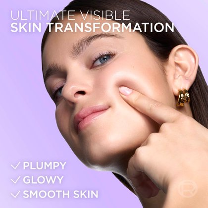 A close-up of a woman smiling and touching her glowing, plump cheek. The text highlights "Ultimate Visible Skin Transformation: Plumpy, Glowy, Smooth Skin".