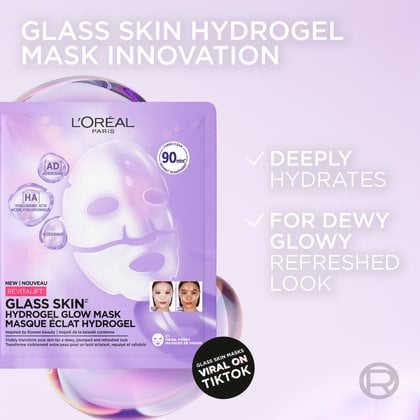 A single purple mask packet displayed with key benefits text on a dewy purple background highlighting that the mask deeply hydrates for dewy, glowy, and refreshed skin.
