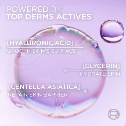 A scientific close-up of a transparent purple fluid bubble containing ingredients: Hyaluronic Acids to smooth, Centella Asiatica to repair, and Glycerin to lock in hydration.