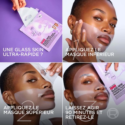 Guide d'application visuel en quatre étapes : étape 1 déballer le masque, étape 2 appliquer la partie inférieure en premier, étape 3 appliquer la partie supérieure, et étape 4 laisser poser pendant 90 minutes.