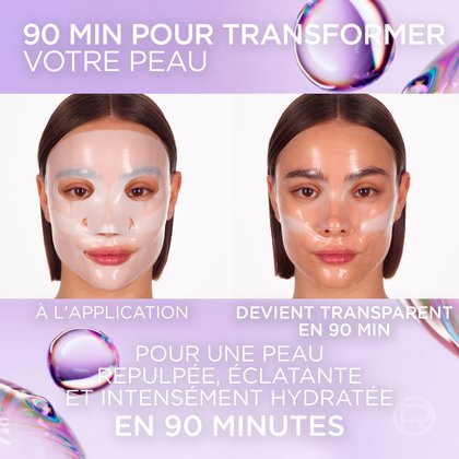 Portraits comparatifs d'une femme avant et après l'application, démontrant une peau dewy, repulpée et intensément hydratée en 90 minutes grâce au masque hydrogel.