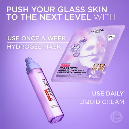 A visual guide outlining the routine to "Push Your Glass Skin To The Next Level," recommending to use the hydrogel mask once a week and the liquid cream daily.