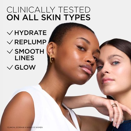 Two women with different skin tones posing together with glowing, flawless skin. English text indicates the formula is clinically tested on all skin types to hydrate, replump, smooth lines, and glow.