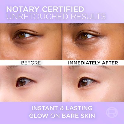 Side-by-side untouched before and after comparison photos (notary certified) of two different eyes showing "Instant & lasting glow on bare skin" immediately after product application.