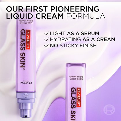 A close-up of the purple pump bottle set against a smooth wave of white cream texture. English text highlights "Our First Pioneering Liquid Cream Formula: Light as a serum, hydrating as a cream, no sticky finish."