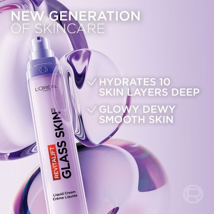 The purple Revitalift Glass Skin bottle shown floating alongside fluid, purple-tinted liquid rings. The English text details its key benefits: "Hydrates 10 skin layers deep" and "For glowy, dewy, smooth skin."