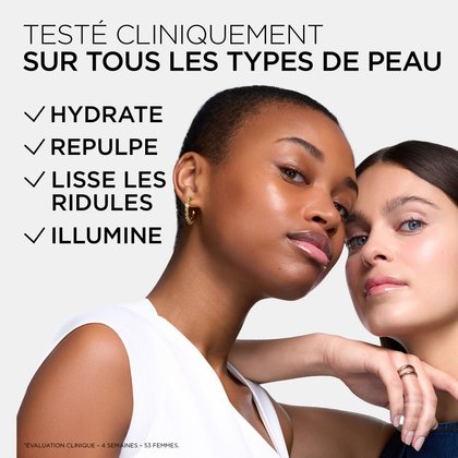 Deux femmes aux types de peau différents posent ensemble avec un teint éclatant et lisse. Le texte à gauche confirme que le produit est cliniquement testé sur tous les types de peau pour hydrater, repulper, lisser les ridules et illuminer.