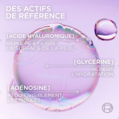 Un visuel d'ingrédients scientifiques présentant une grosse bulle d'eau violette et transparente avec des détails sur les actifs de référence : l'Acide Hyaluronique, la Vitamine C et la Vitamine B3.