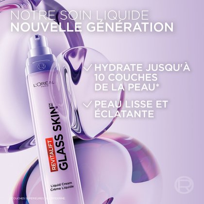 Le flacon pompe violet de Revitalift Glass Skin est entouré de bulles d'eau stylisées symbolisant l'hydratation intense. Le texte français met en avant un soin liquide de nouvelle génération qui hydrate jusqu'à 10 couches de la peau.