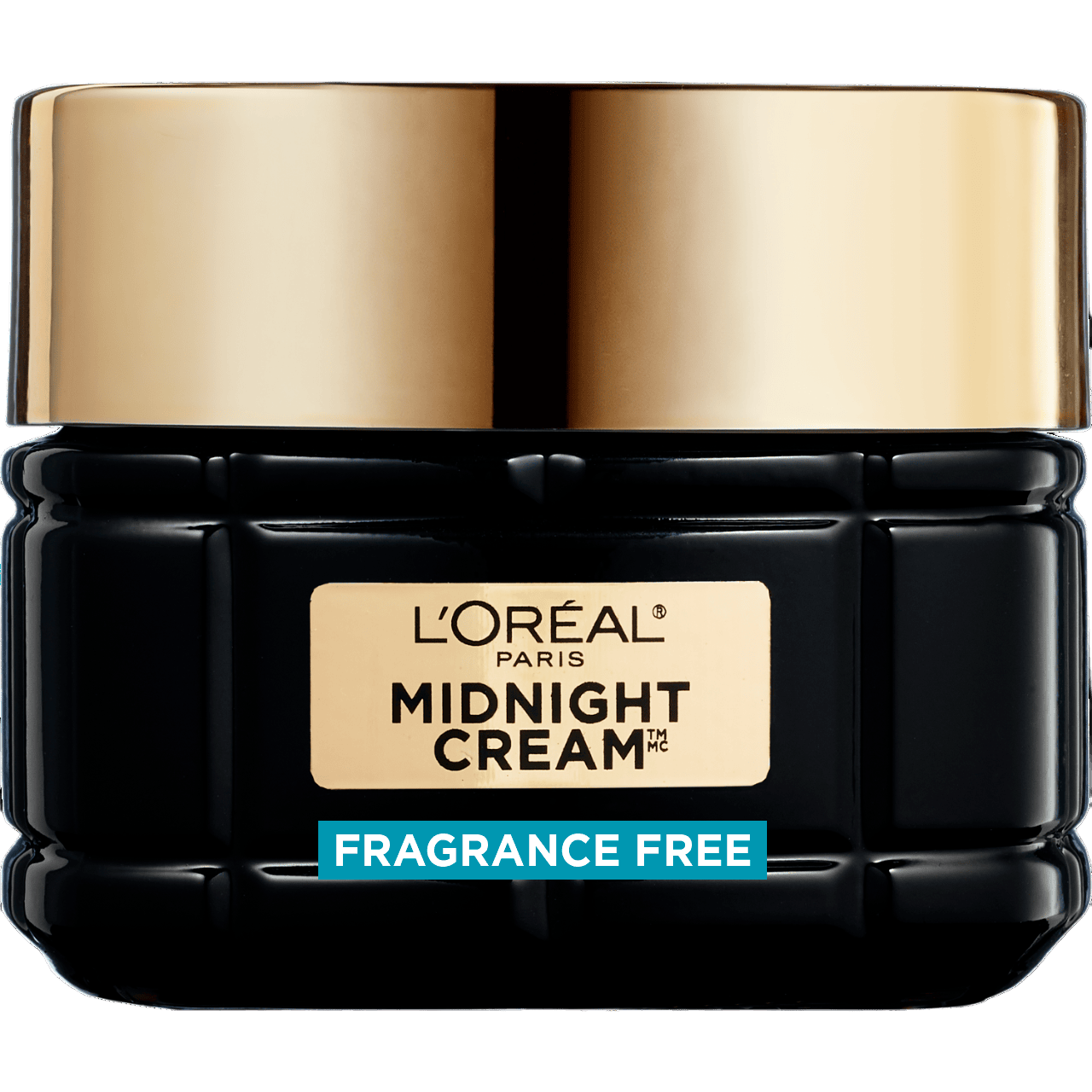 Studio product shot featuring the L'Oréal Paris Age Perfect Midnight Cream Fragrance-Free black glass jar with its gold lid.