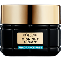 Studio product shot featuring the L'Oréal Paris Age Perfect Midnight Cream Fragrance-Free black glass jar with its gold lid.