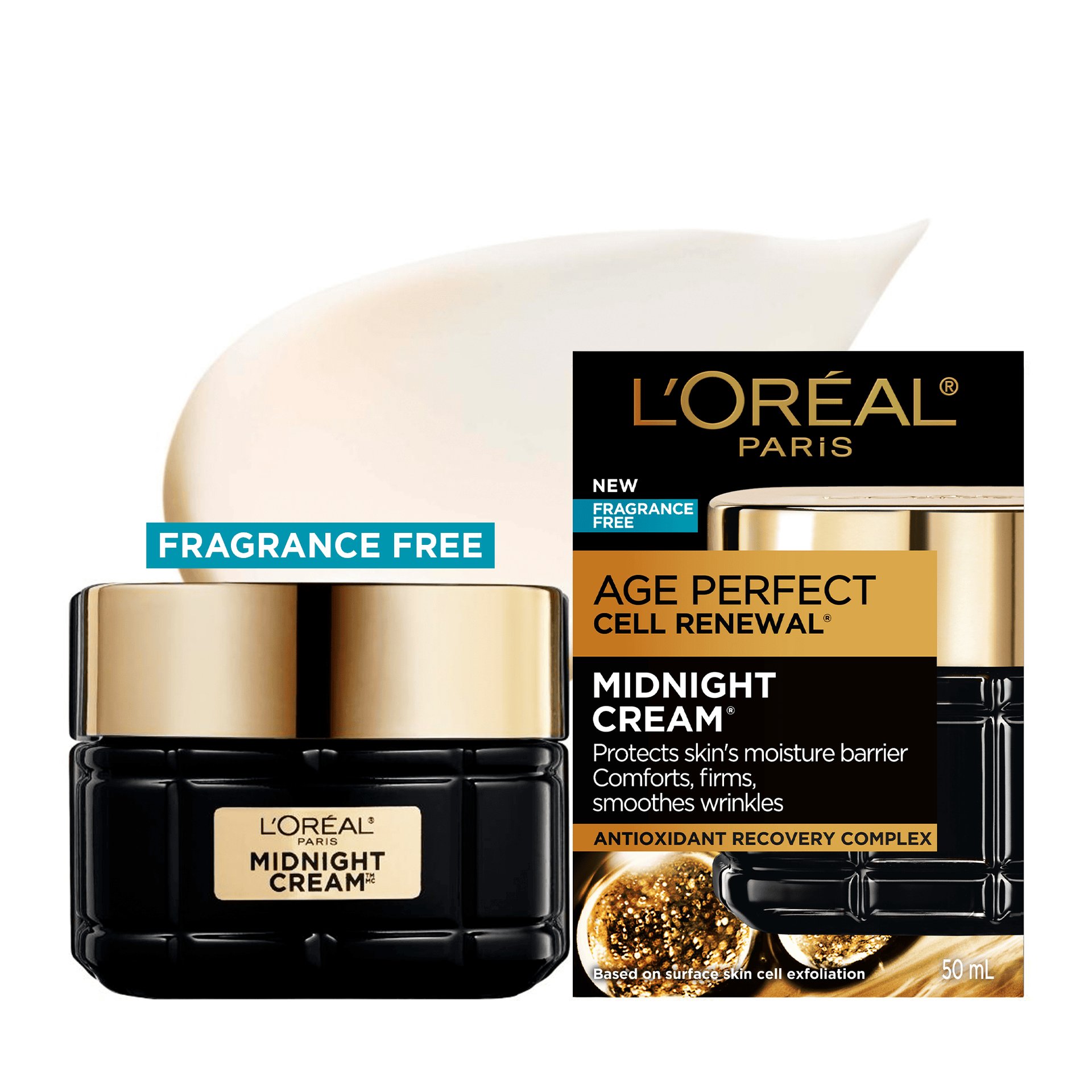 Studio product shot featuring the L'Oréal Paris Age Perfect Midnight Cream Fragrance-Free black glass jar with its gold lid, displayed next to its official outer cardboard packaging.