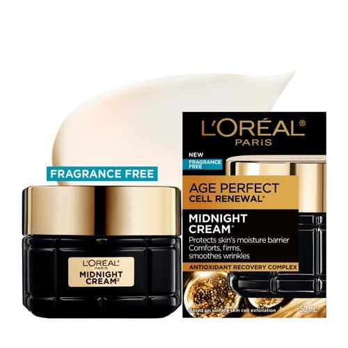 Studio product shot featuring the L'Oréal Paris Age Perfect Midnight Cream Fragrance-Free black glass jar with its gold lid, displayed next to its official outer cardboard packaging.