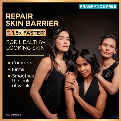Portrait of three diverse women of different ages smiling and showing off healthy, firm skin. Text reads: "REPAIR SKIN BARRIER up to 1.5x FASTER FOR HEALTHY-LOOKING SKIN" with bullet points "Comforts", "Firms", and "Smooths the look of wrinkles". A "FRAGRANCE-FREE" label is shown in the corner.