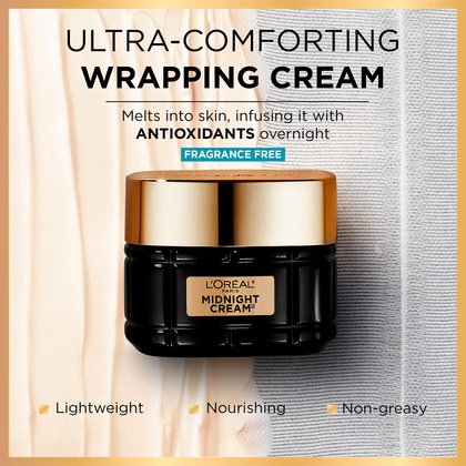 Close-up shot of the luxurious black glass jar of the Midnight Cream sitting on a creamy, swirled background. Text reads: "ULTRA-COMFORTING WRAPPING CREAM. Melts into skin, wrapping it with ANTIOXIDANTS overnight. FRAGRANCE-FREE" with labels below reading "Lightweight", "Nourishing", and "Non-greasy".